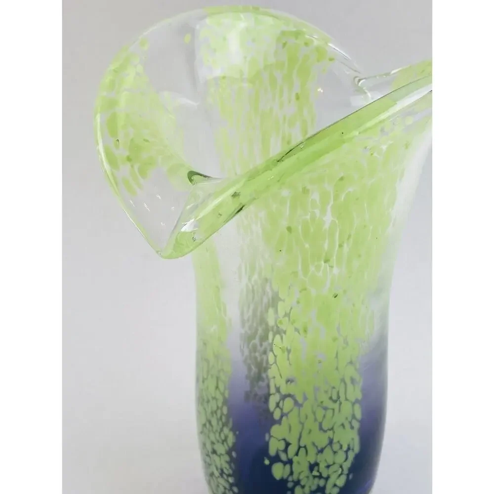 Art Glass Blown Vase 8” Blue Lime Green Splatter Speckle Stripe Wide Mouth Flare